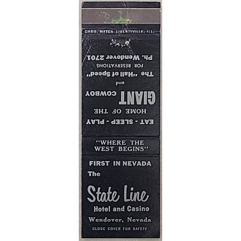 Vintage Matchbook Cover State Line Hotel & Casino Wendover NV Nevada Black